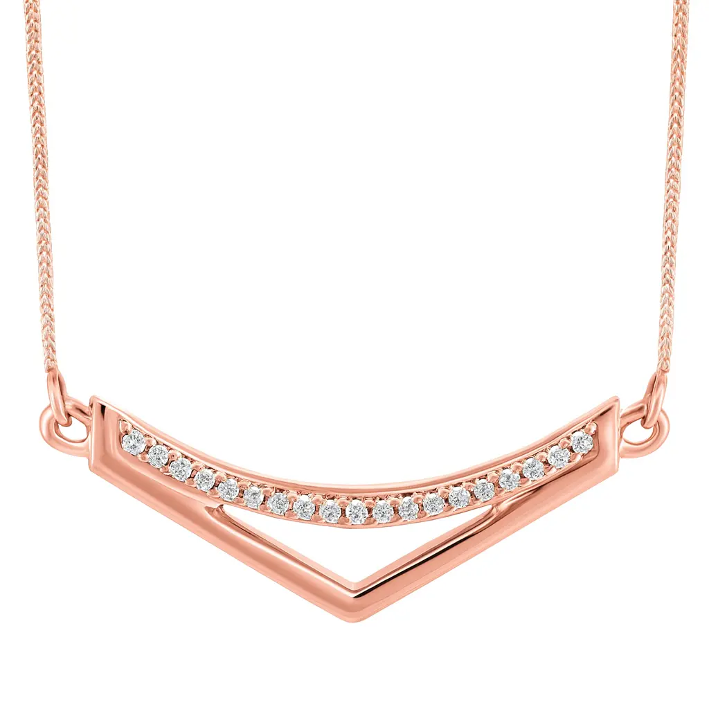 A rose gold chevron pendant with 17 diamonds
