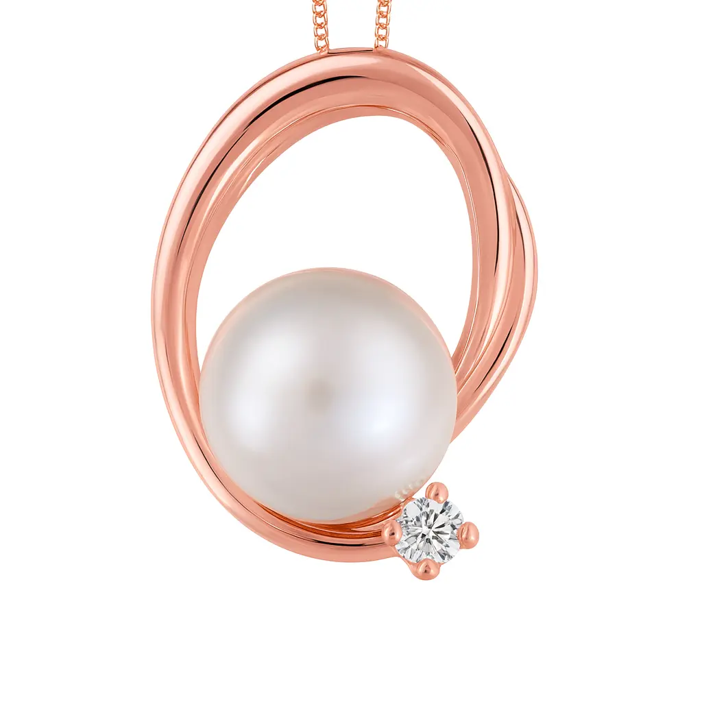 A rose gold pendant with a pearl and a diamond