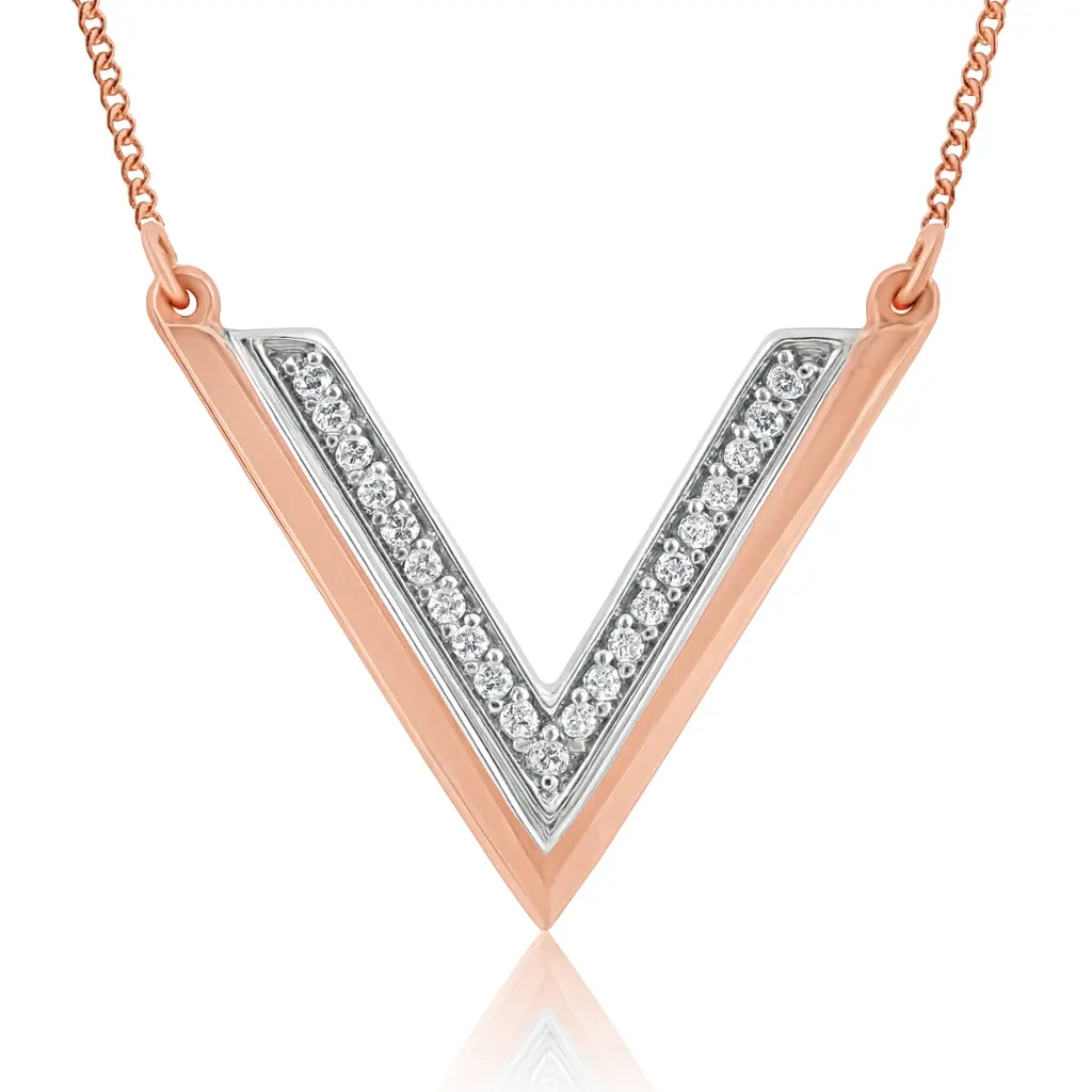 A rose and white gold V-shaped diamond pendant