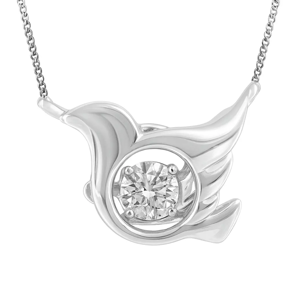 A white gold bird design pendant with a diamond inside