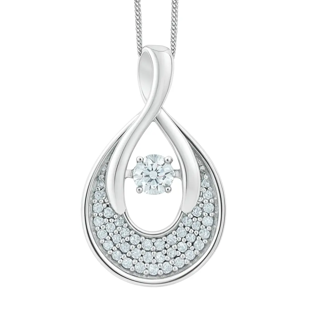 A white gold tear drop shape pendant with diamonds
