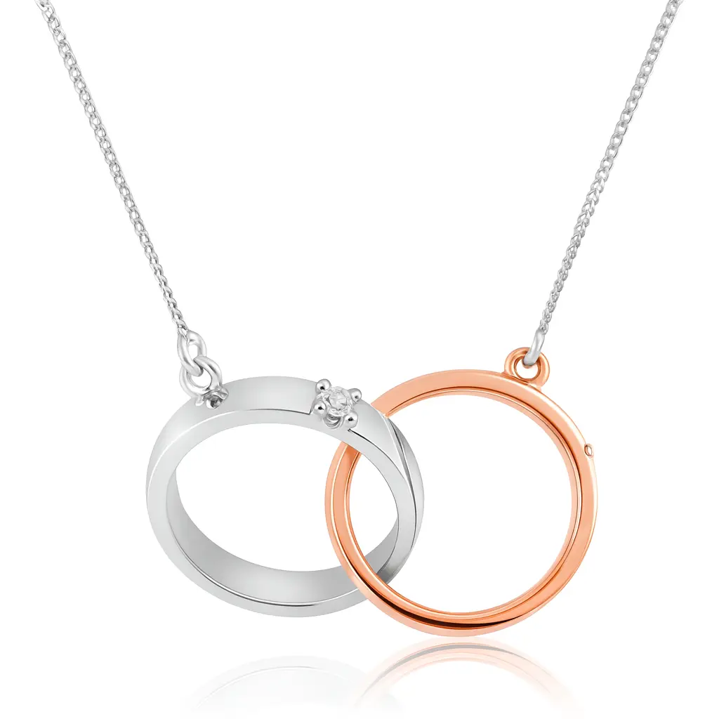 A white and rose gold interlocking diamond pendants with chain