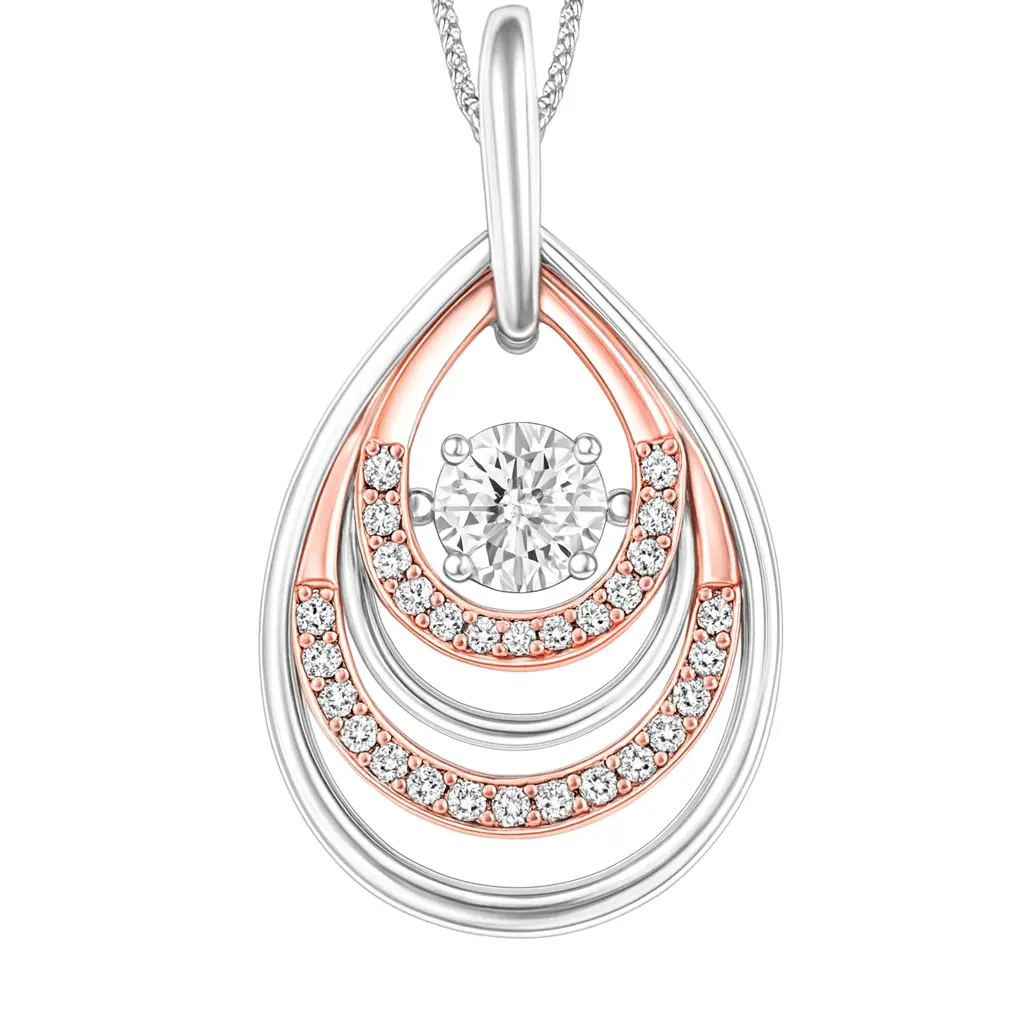 A white and rose gold teardrop pendant with diamonds