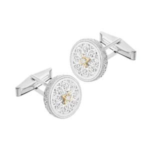 A yellow gold and silver mens cufflinks with diamonds
